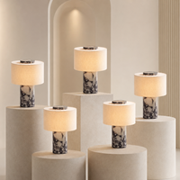 Lampe de table décorative de luxe en albâtre et laiton avec abat-jour en tissu |   Lampe de chevet LED moderne pour chambre à coucher, commande tactile, blanc chaud