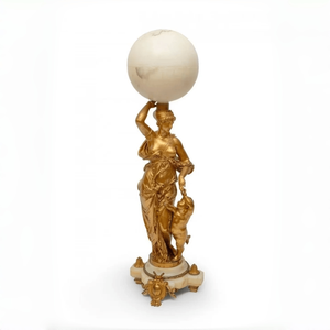 Lámpara de Mesa Figurativa Grande con Acabado Bronce Antiguo, Certificación CE, para Colección de <span class=keywords><strong>Arte</strong></span>, Lámpara con Estatua de Dama de Bronce y Pantalla de Vidrio - Product Image 1