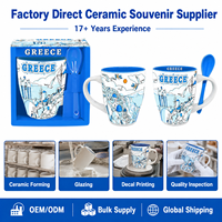 Tasses en céramique souvenirs de Santorin, Grèce, avec motif des monuments de l'île, tasses à café et à lait en céramique avec cuillère, OEM ODM, vente en gros