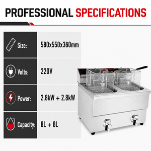 Freidora Eléctrica Comercial de 16L con Doble Tanque y Doble Cesta, 5.6kW, con Válvulas de Drenaje Dobles para Papas Fritas y Pollo, Uso en Restaurantes - Product Image 2