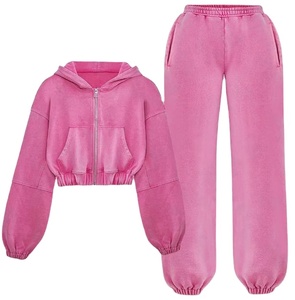 Ensemble de survêtement 2 pièces pour femme, style vintage, délavé à l'acide, comprenant un sweat à capuche court zippé et un pantalon jogger, coupe oversize streetwear, manches <span class=keywords><strong>ballon</strong></span> et poignets élastiques - Product Image 2