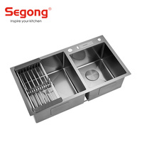 Évier de cuisine carré à double cuvette en acier inoxydable fait à la main avec surface nano Design unique et élégant