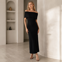 Robe en tricot fin noir pour femme, épaules dénudées, manches courtes, mi-longue, commande personnalisée, vente en gros