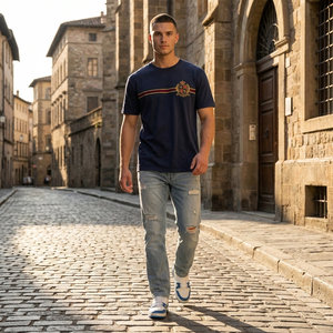 T-Shirt Varsity Retrò da Uomo OEM ODM, Blu Navy con Logo Ricamato, Maglietta Casual in Cotone - Product Image 4