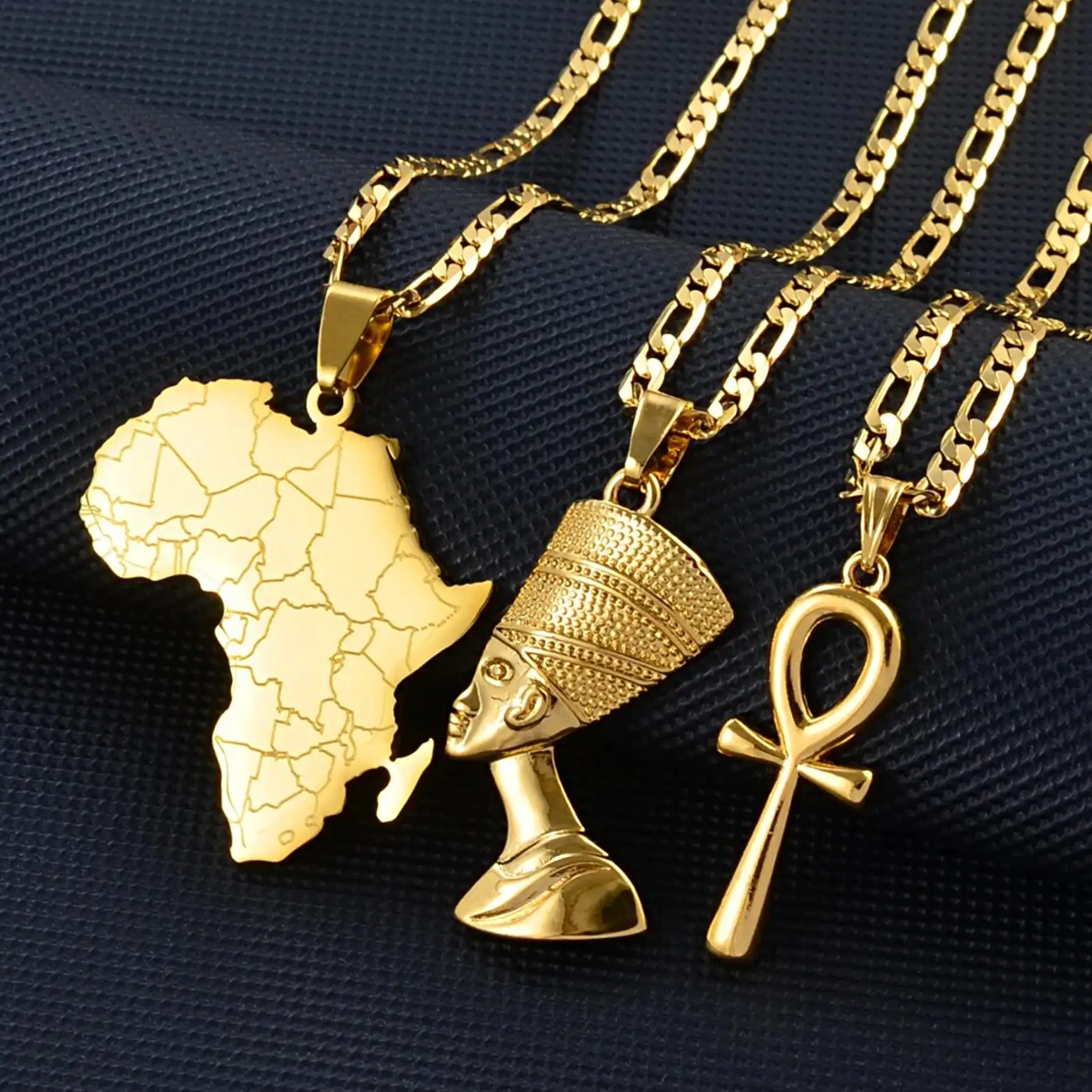 Stainless Steel 18k Gold Plated Jewelry Egyptian Queen Nefertiti Ankh Africa Map Necklace Set