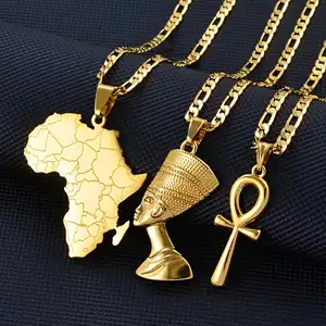 Edelstahl 18 Karat vergoldet Schmuck ägyptische Königin Nofretete Ankh Afrika Karte Halskette Set