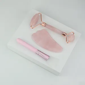 3 in 1 Kit Rose Quartz Crystal Jade Facial Roller Gua Sha massage for face