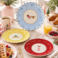 Assiette en porcelaine de 8 pouces, motif chien, voiture et sapin de Noël, style dessin animé moderne et fantaisiste, résistante au lave-vaisselle, idéale pour les mariages et les fêtes