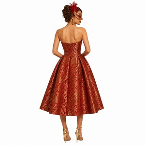 <span class=keywords><strong>Robe</strong></span> de soirée mi-longue pour femme, style baroque floral jacquard, avec fil métallique doré, décolleté cœur, sans bretelles, style carnaval, personnalisable, vente en gros - Product Image 3