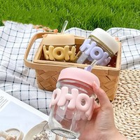 L 350ml 400ml Nouveau Haute Valeur Résistant À La Chaleur Portable Voyage Mignon Lapin Transparent Verre Bouteille Tasse avec Paille