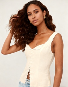 Top sin mangas estilo vintage para mujer, mezcla de algodón y lino, con encaje, patchwork, botones frontales, sin tirantes, a la moda - Product Image 2