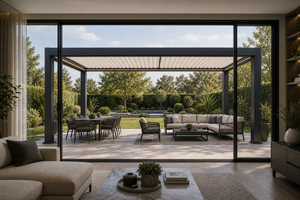 ศาลาพักผ่อนแบบติดผนัง รุ่น RK-E2 ซีรีส์ E ของ Relax Courtyard หลังคาเปิด-ปิดได้ ทำจากอะลูมิเนียม พร้อมฉากกั้นเพิ่มความเป็นส่วนตัว แสงสว่างรอบข้าง เหมาะสำหรับสวนพักผ่อน - Product Image 4