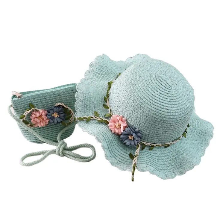 Children straw hat kids bohemian flower cute summer beach hat girls sprotection sun hats and bag for girl