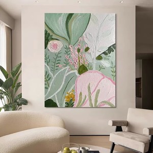 Pintura al óleo floral pintada a mano, arte botánico en lienzo verde y rosa para decoración <span class=keywords><strong>de</strong></span> sala <span class=keywords><strong>de</strong></span> estar - Product Image 4