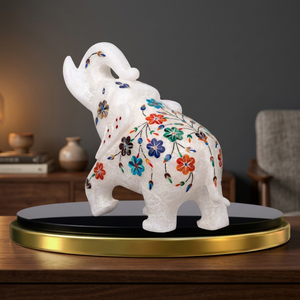 Figura de Elefante de Mármol Blanco Pulido Hecha a Mano con Incrustaciones Florales de Piedra, Decoración para el Hogar - Product Image 3