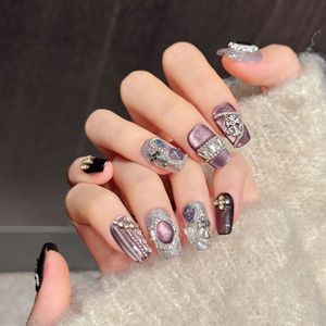 Uñ<span class=keywords><strong>as</strong></span> postizas al por mayor para mujer, moradas, estilo ataúd, con purpurina ojo de gato, cadena de baguette cruzada y diamantes de imitación, para estilo gótico, oscuro y coqueto. - Product Image 1