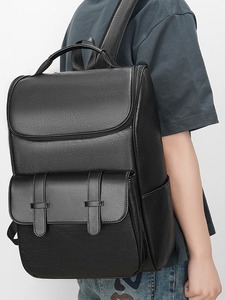 BESTELLA Waterproof Outdoor Soft PU <b>Leather</b> <b>Laptop</b> <b>Backpack</b> Rucksack for College Students Zipper Closure Men Black - Product Image 2