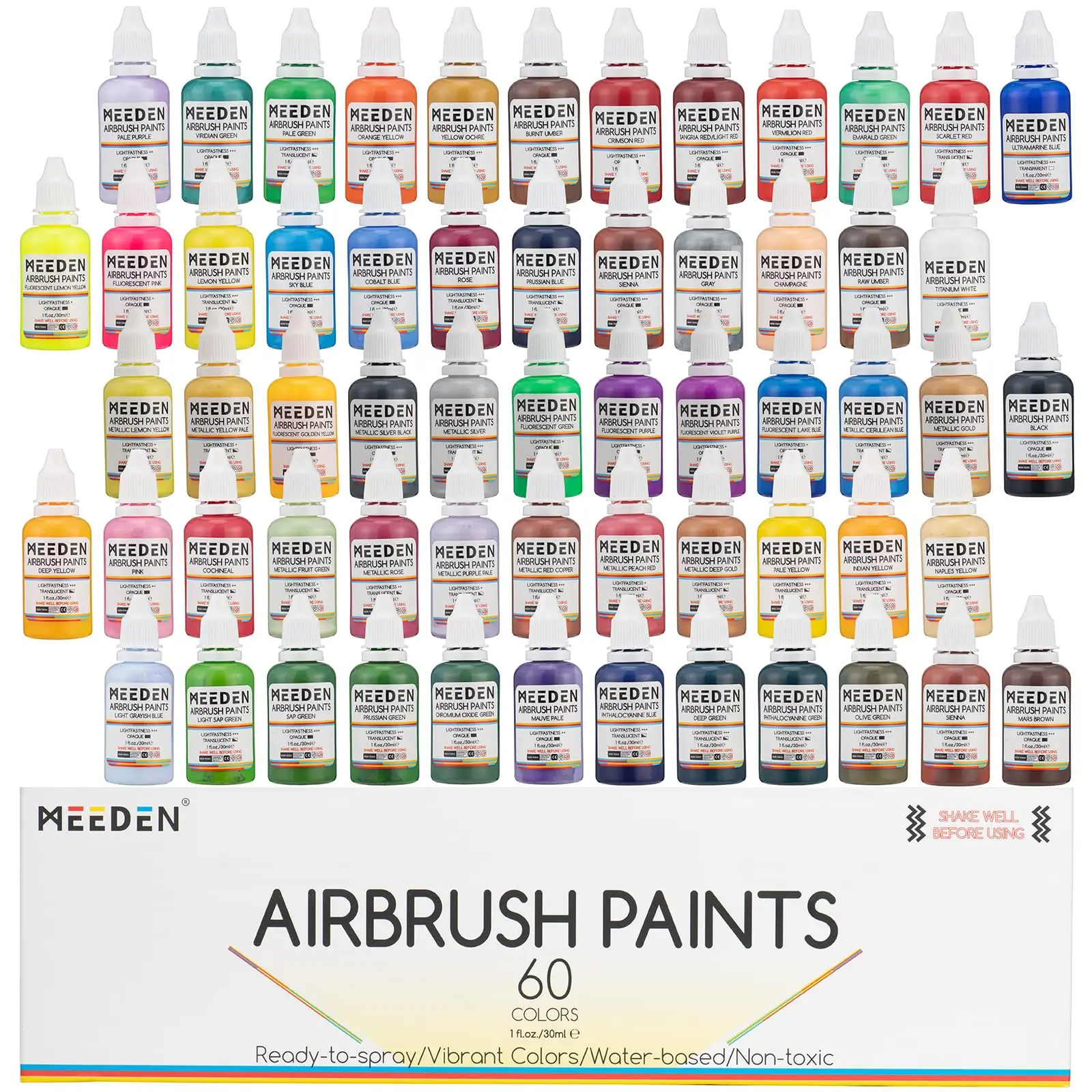 MEEDEN Venta Directa de Fábrica No Tóxico 60 colores 30ml Aerógrafo Kit de Pintura para Pintar