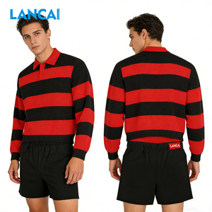 Ensemble de shorts vintage délavés sur mesure Lancai pour hommes, chemise de rugby à manches longues à rayures cousues, style polo de rugby pour hommes, survêtement - Product Image 4