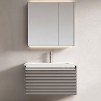 Kabinet Kamar Mandi PVC Gantung Gaya Nordik Dengan Cermin LED Anti-Kabut Pintar Set Kabinet Wastafel Keramik