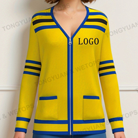 BSCI produsen Sweater biru Royal dan emas, Sweater bordir perkumpulan wanita ritsleting huruf Yunani