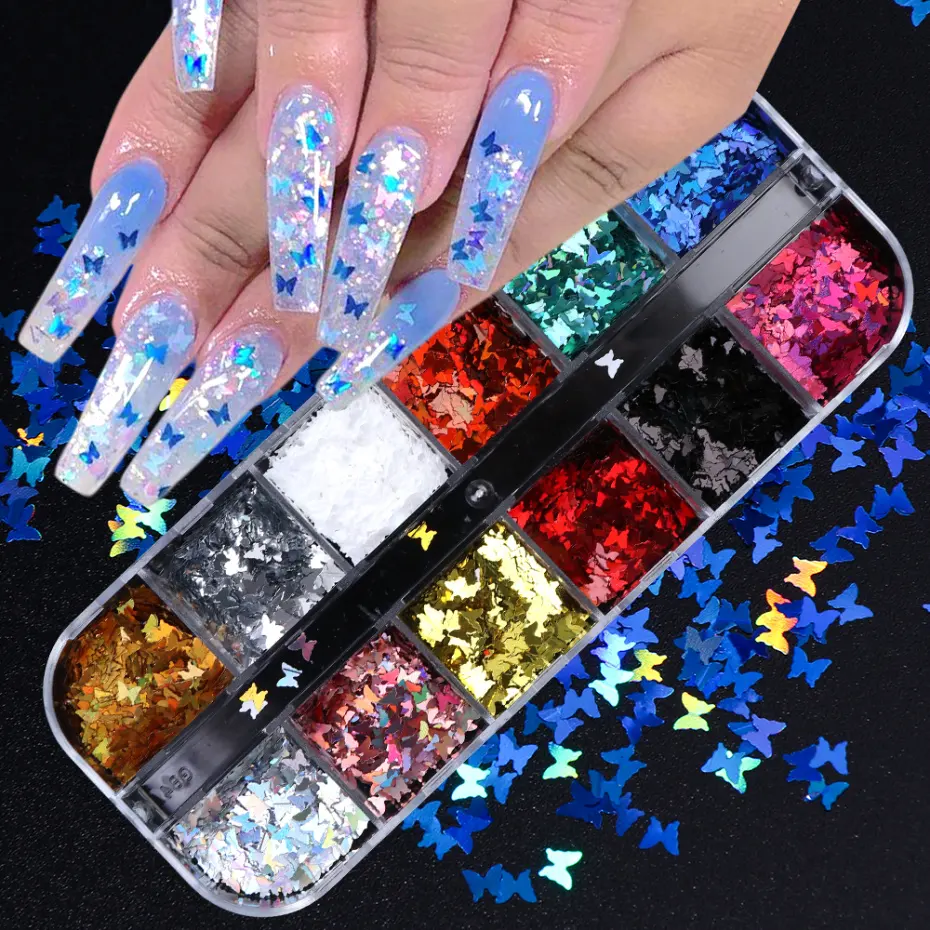 Lantejoulas holográficas para unhas, decoração de polimento em floco com borboleta fina 3d com glittered para nail art com 12 grades/conjunto