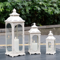 Set 3PCS Lentera Lilin Logam Taman Luar Ruangan untuk Pernikahan, Tempat Lilin Vintage Kaca Putih, Lentera Besar