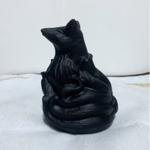 Natural obsidian nine-tailed fox figurine <b>raw</b> stone <b>crystal</b> carving piece, black fox home auspicious mascot, tabletop gift - Product Image 3