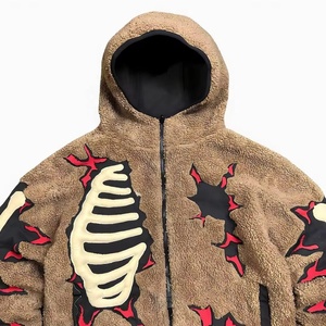 Service OEM personnalisé, sweats à capuche streetwear avec broderie de crâne et impression graphique, sweats à capuche d'hiver décontractés en tissu de velours côtelé, sweats à capuche zippés pour hommes en sherpa - Product Image 3