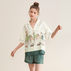 Nuovo Stile Set in Raso a Maniche Corte, <span class=keywords><strong>Pigiama</strong></span> in Seta Ghiaccio con Motivo a Fiori di Pera, Vestibilità Ampia con Elastico in Vita, Elegante per Esterni Estivi da Donna - Product Image 3