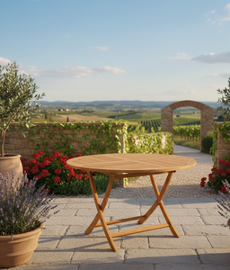 Table ronde pliante en teck, fabriquée avec expertise à Jepara, alliant artisanat traditionnel, fonctionnalité moderne et qualité durable. - Product Image 2