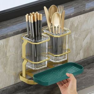 Support mural de luxe en métal doré pour couverts, égouttoir de cuisine avec plateau de drainage, organisateur de rangement de bureau sans perçage - Product Image 3