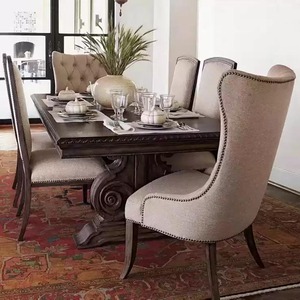 Table à manger américaine vintage sur mesure en bois massif sculpté, base en tréteaux, sculpture à motifs, brun antique, pour villa et restaurant - Product Image 5