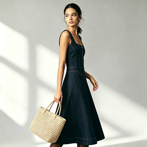 Abito <span class=keywords><strong>midi</strong></span> in denim da donna senza maniche con scollo quadrato e cerniera frontale, vestito casual in denim a trapezio per signore - Product Image 1