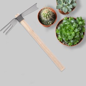 Herramienta de jardinería de doble cabezal: azada pequeña y rastrillo de mano con mango de madera para desmalezar, excavar y aflojar la tierra, venta al por mayor OEM - Product Image 3