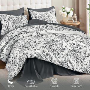 Bộ Đồ Giường <span class=keywords><strong>Comforter</strong></span> <span class=keywords><strong>Set</strong></span> Nữ Hoàng 8-Mảnh Màu Đen Màu Xám Hoa Thực Vật Thực Vật In Mềm Fluffy Sợi Nhỏ Tất Cả Các Mùa Bộ - Product Image 4