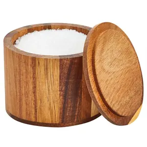 Round Large Acacia Wood Spice Box with Lid for keeping Table Salt, Gourmet Salts, Herbs Seasonings