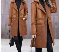 Manteau d'hiver mi-long et épais à col tailleur, veste ample en cuir pour femmes