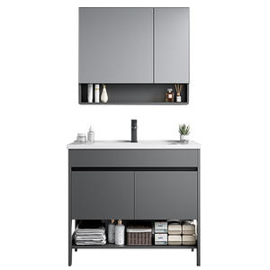 Meuble de salle de bain moderne et minimaliste sur pied pour hôtel, avec vasque intégrée en céramique et armoire miroir intelligente - Product Image 3