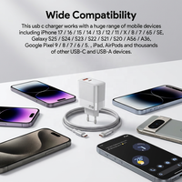 Chargeur rapide Cantell 25W double USB A+C PD avec sortie 5V/3A pour la maison et les voyages, compatible avec les prises US/EU/UK et les téléphones mobiles