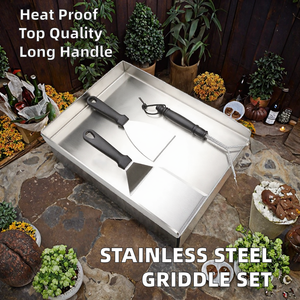 Ensemble de barbecue d'extérieur en acier inoxydable, plaque de cuisson, poêle, brosse à poils métalliques à long manche, grattoir, spatule pour le nettoyage - Product Image 2