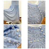 Vestido Maxi de Punto con Cuentas de Perlas y Cintura Alta Estilo Vintage para Mujer, Manga Corta, Botones al Frente, Falda Plisada, Venta al Por Mayor, Personalizado, OEM, Elegante