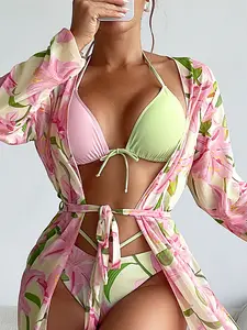 PASUXI Factory Manufacturer Straps String Halter Bikini Plus Size Women Micro Swimsuit 3 Pcs Floral Swimwear