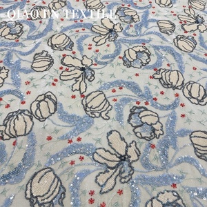 Nouveau tissu brodé de sequins floraux chinois, <span class=keywords><strong>tulle</strong></span> <span class=keywords><strong>bleu</strong></span> clair à fleurs pour robe Hanfu - Product Image 1