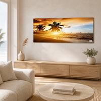 Décoration Murale Panoramique en Acrylique Imprimée UV, Paysage de Plage au Coucher du Soleil, 60x24 Pouces, Panneau de 5mm, pour Salon au-dessus du Canapé, Taille Personnalisée