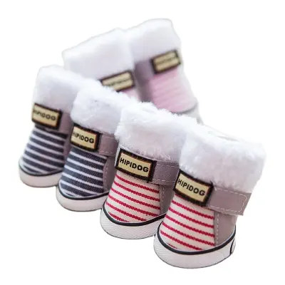 4Pcs Pet Hond Kat Schoenen Winter Sneeuw Verdikte Streep Geborsteld Schoenen Antislip