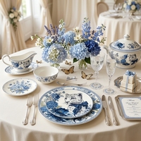 Service de vaisselle en porcelaine personnalisé avec motif léopard bleu, assiettes en céramique, plats à salade floraux pour hôtels, restaurants, complexes hôteliers et détaillants