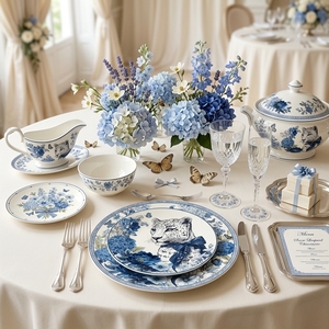 Service de vaisselle en porcelaine personnalisé avec motif léopard bleu, assiettes en céramique, plats à salade floraux pour hôtels, restaurants, complexes hôteliers et détaillants - Product Image 2