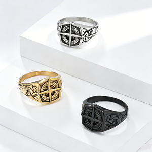 Nordic Retro Punk Style Pirate Compass <b>Ring</b> For Men Stainless Steel Gold Black Cross Design Jewelry Gift - Product Image 1