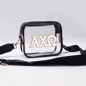 Sac bandoulière étanche en PVC noir avec fermeture éclair pour événements sportifs hivernaux, style féminin, personnalisé, pour concerts et stades (Alpha Sigma grec), portable - Product Image 2